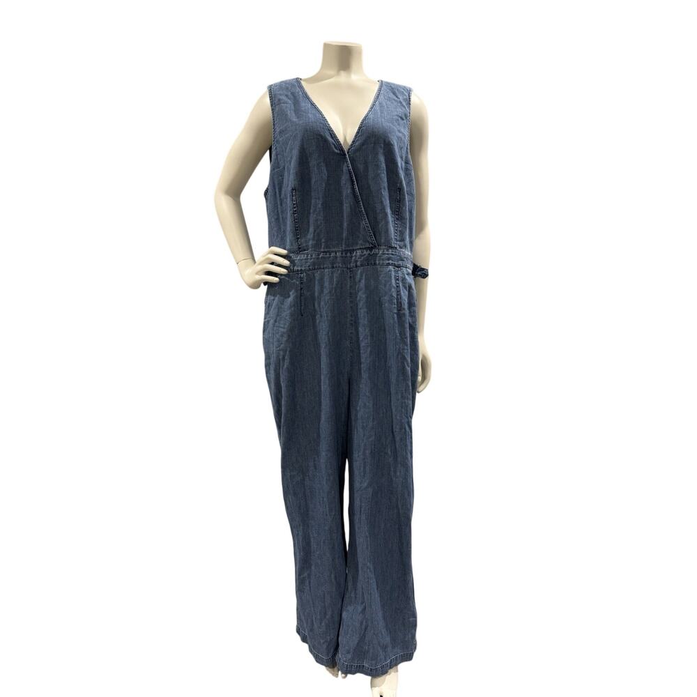 J. Crew Point Sur Jumpsuit Womens 16 Denim Blue Wide Leg V Neck Faux Wrap Romper